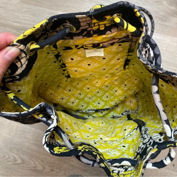 Vera Bradley Quilted Baroque Yellow Black Bucket Drawstring Backpack 14” - Picture 6 of 7